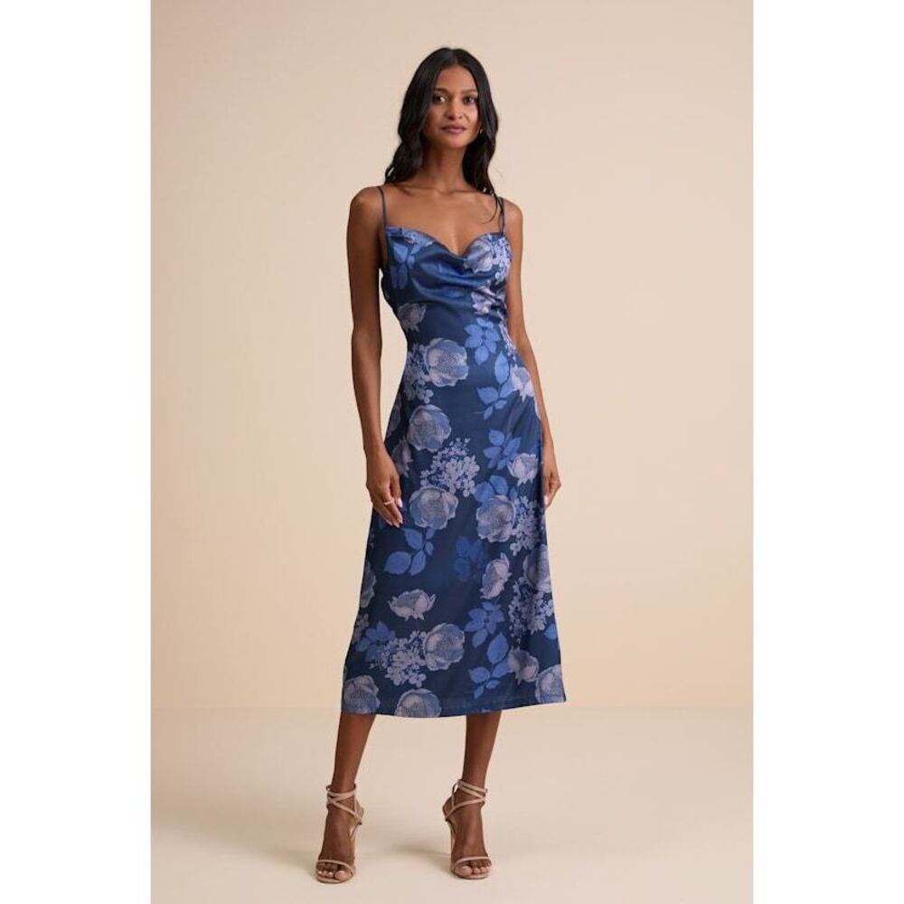 Lulus Favorite Icon Dark Blue Floral Satin Cowl Neck Slip Midi Dress - Size XL - Picture 1 of 1